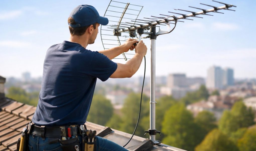 technicien-antenne-toit-ciel-bleu