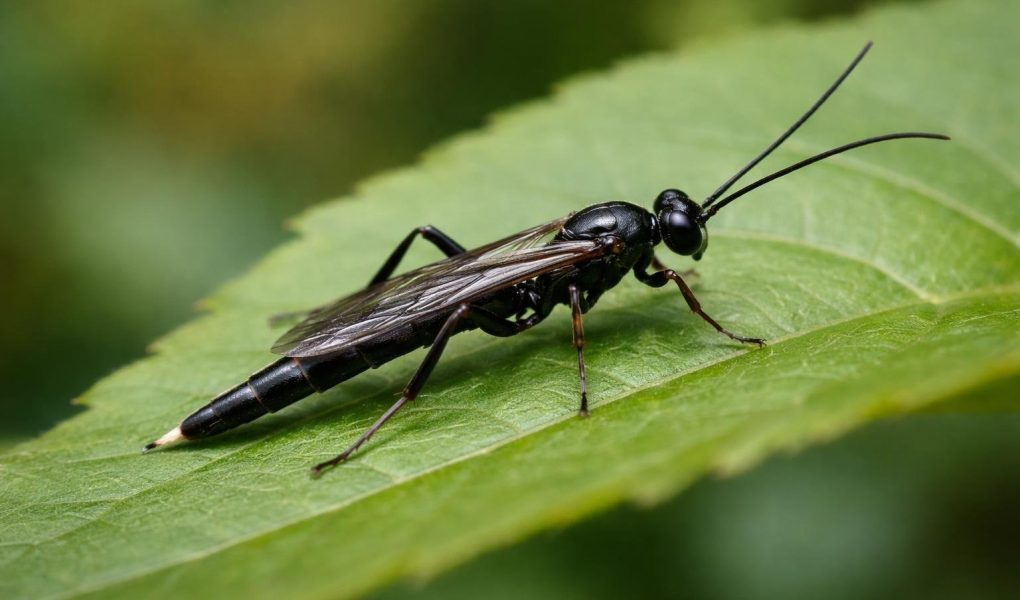 insecte-noir-feuille-verte-gros-plan