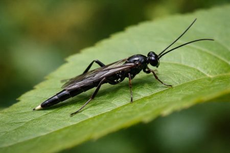 insecte-noir-feuille-verte-gros-plan