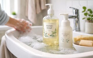 evier-bulles-savon-bord-produits